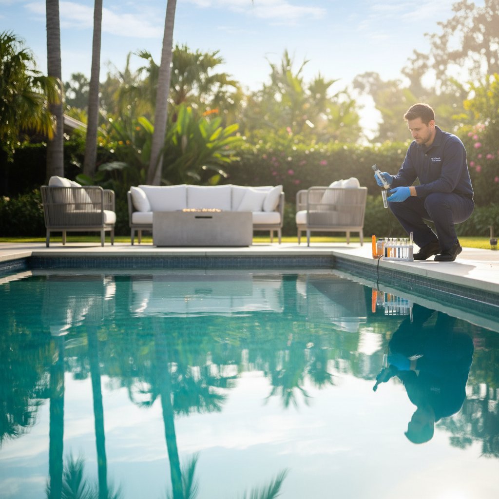 Professional pool maintenance technician testing water chemistry and cleaning residential swimming pool in London